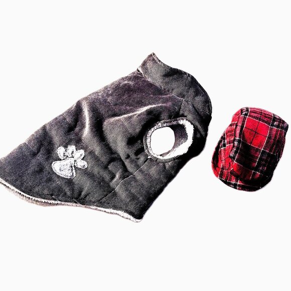 Gray Corduroy Paw Print Dog Jacket w/Plaid Cap ~ Gray Fur Lining ~ Size M ~ EUC! - Picture 2 of 13